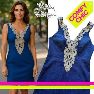 Lilly Pulitzer Blue Sheath Dress Sleeveless Plunge Neckline